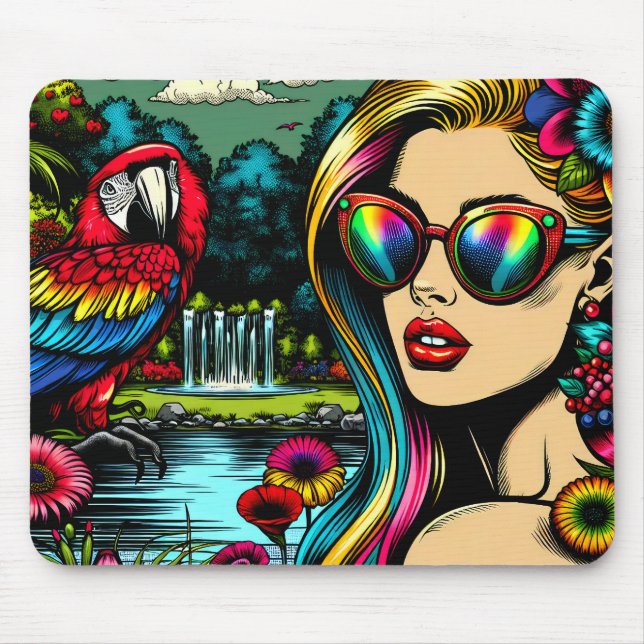 Alfombrilla De Ratón Mujer y loro en el parque Pop Art  (Frente)