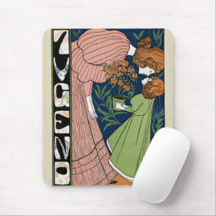 Alfombrilla De Ratón Mujer y niña Art Nouveau vintage con vestido verde