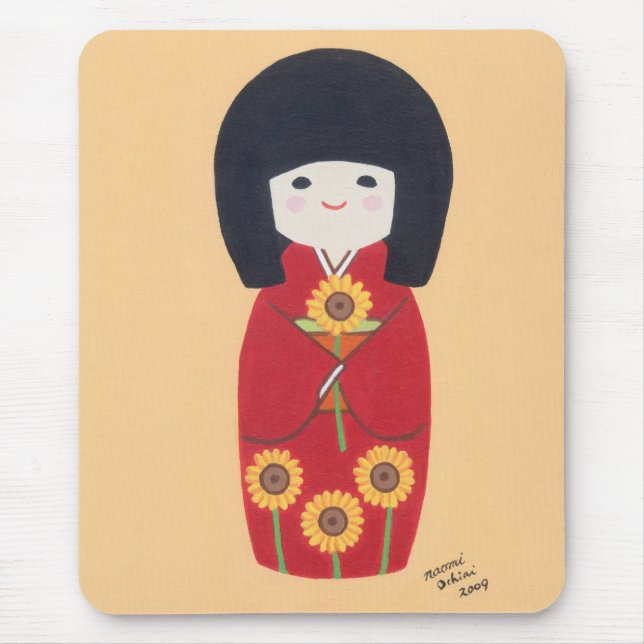 Alfombrilla De Ratón Muñeca de Kokeshi con el girasol (Frente)