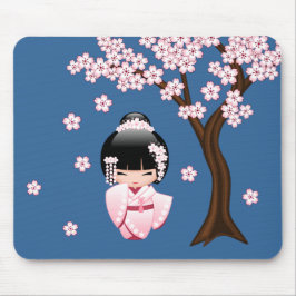Alfombrilla De Ratón Muñeca Kokeshi de Kimono Rosa sobre Azul