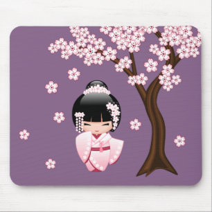 Alfombrilla De Ratón Muñeca Kokeshi Kimono Rosa en Morado