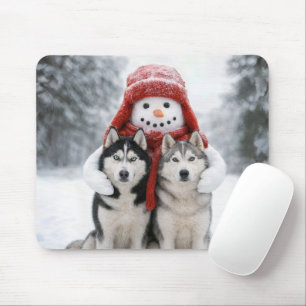 Alfombrilla De Ratón Muñeco de nieve abrazando perros Siberian Husky