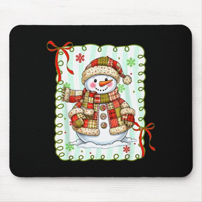 Alfombrilla De Ratón Muñeco de nieve de patchwork lindo con lazo Navida (Frente)