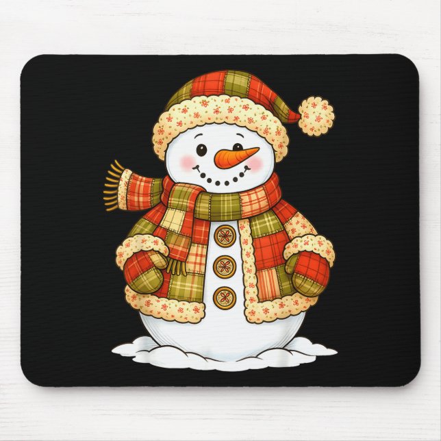 Alfombrilla De Ratón Muñeco de nieve patchwork retro divertido navidad (Frente)