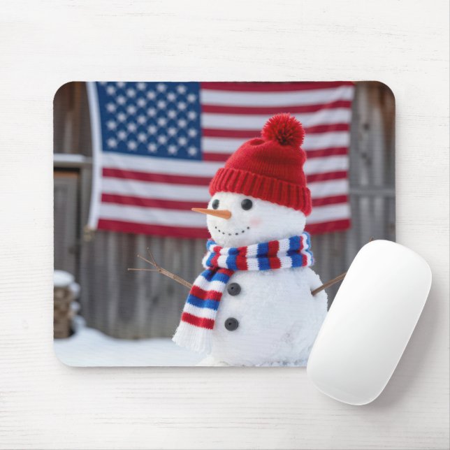 Alfombrilla De Ratón Muñeco de nieve patriótico con una bandera america (Con ratón)