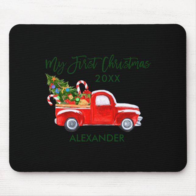 Alfombrilla De Ratón My First Christmas Red Truck Candy Canes Gray Baby (Frente)