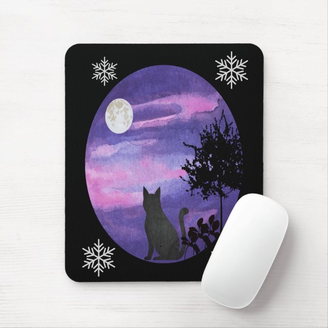 Alfombrilla De Ratón Mystical Cat Under Moon – Dreamy Purple Night Wate (Con ratón)