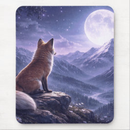 Alfombrilla De Ratón Mystical Fox & Giant Moon Snowy Mountain Peaks