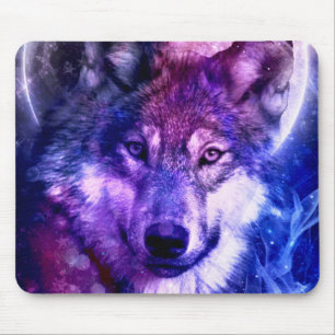 Alfombrilla De Ratón Mystical Galaxy Wolf Face con la luna llena