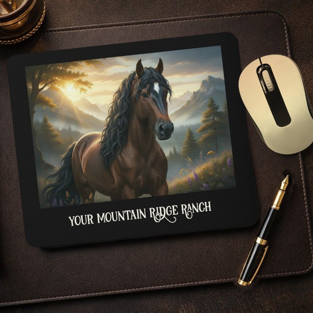 Alfombrilla De Ratón Mystical Horse Custom Name Mountain Ranch  (Equestrian mouse pad featuring a unique painting of a horse in a mountain landscape at sunset)