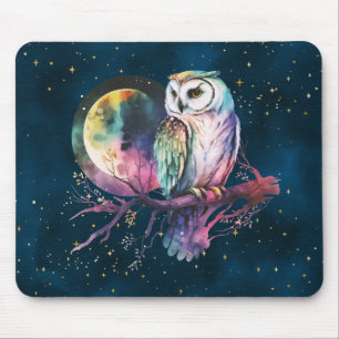 Alfombrilla De Ratón Mystical Rainbow Owl y Full Moon Celestial