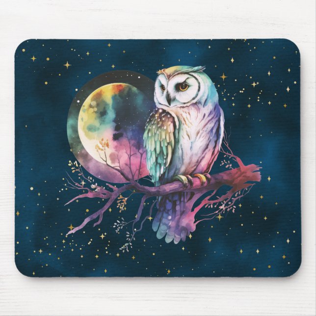 Alfombrilla De Ratón Mystical Rainbow Owl y Full Moon Celestial (Frente)