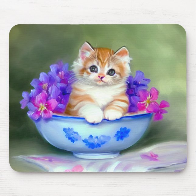 Alfombrilla De Ratón Naranja de época y Ilustracion de gatito blanco (Frente)