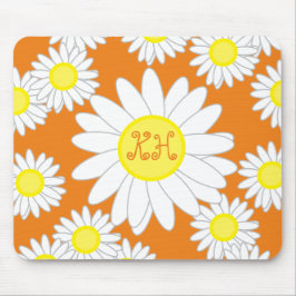 Alfombrilla De Ratón Naranja de margarita monograma blanco y amarillo