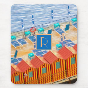 Alfombrilla De Ratón Naranja de playa y monograma Blue Tropical Cabanas