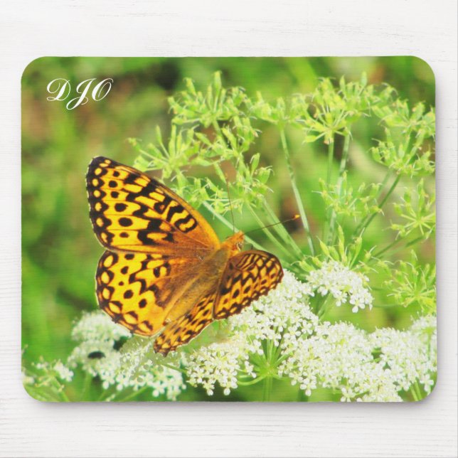 Alfombrilla De Ratón Naranja y mariposa negra descansando en flor blanc (Frente)