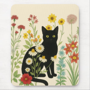 Alfombrilla De Ratón Naturaleza botánica: gato negro en jardín de flore