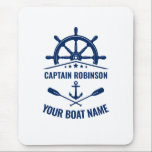 Alfombrilla De Ratón Nautical Anchor Oars Helm Captain & Bot Name Blue<br><div class="desc">Barco náutico,  rueda de los barcos - Avión y orejas cruzadas con su nombre de capitán personalizado y nombre de barco en una almohadilla de ratón.</div>