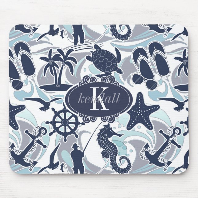 Alfombrilla De Ratón Nautical Beach Pattern Navy ID839 (Frente)
