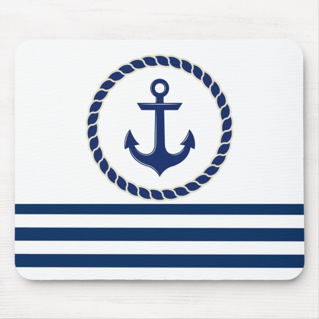 Alfombrilla De Ratón Nautical Boat Name,Anchor Navy Blue Striped (Frente)
