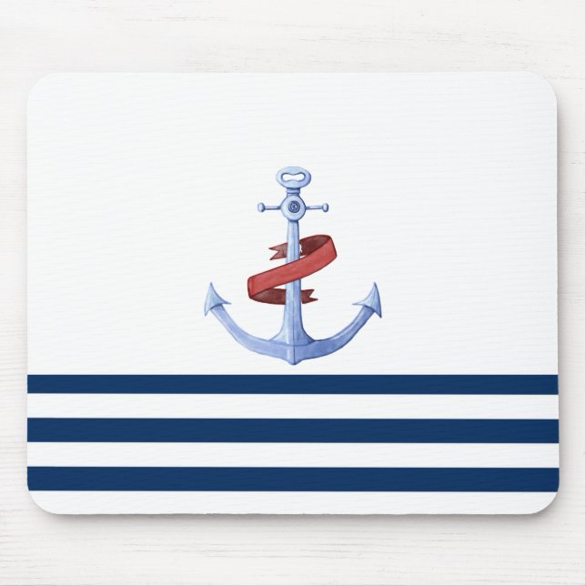 Alfombrilla De Ratón Nautical Boat Name,Blue Anchor Navy Blue Striped (Frente)