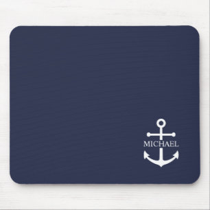 Alfombrilla De Ratón Nautical Navy Blue Anchor Nombre Personalizado
