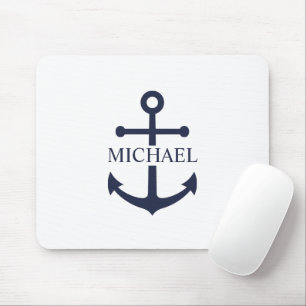 Alfombrilla De Ratón Nautical Navy Blue Anchor Nombre Personalizado