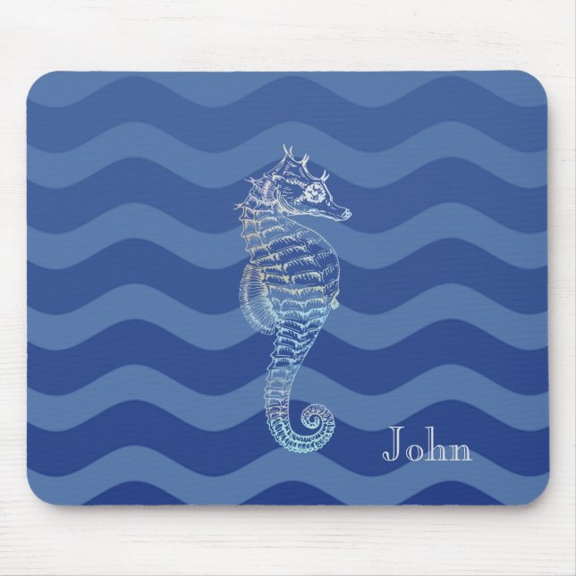 Alfombrilla De Ratón Nautical Navy Blue Stripe Waves Seahorse (Frente)