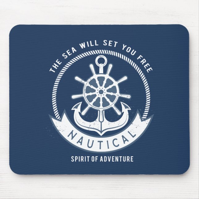 Alfombrilla De Ratón Nautical Spirit Anchor,Wheel, Navy Blue (Frente)