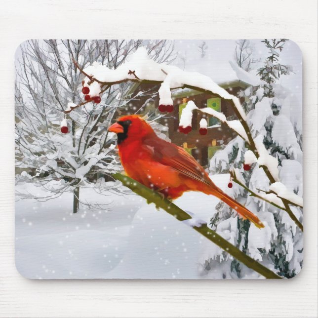Alfombrilla De Ratón Navidad, pájaro cardinal, nieve, Mousepad (Frente)