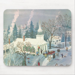 Alfombrilla De Ratón Navidad Vintage, gente yendo a la iglesia en la ni