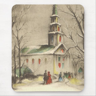 Alfombrilla De Ratón Navidad Vintage, Iglesia en paisaje invernal nevad