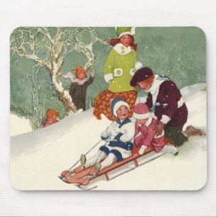 Alfombrilla De Ratón Navidad Vintage, niños deslizándose en la nieve