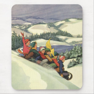 Alfombrilla De Ratón Navidad Vintage, Niños en Trineo en una Montaña