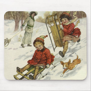 Alfombrilla De Ratón Navidad Vintage, niños victorianos en trineo con p