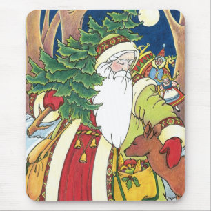 Alfombrilla De Ratón Navidad Vintage, Santa Claus Ciervo en el Bosque
