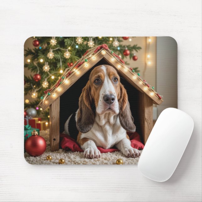 Alfombrilla De Ratón Navidades Basset Hound en una casa de perros (Con ratón)