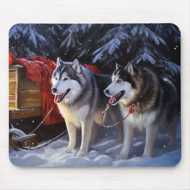 Alfombrilla De Ratón Navidades de Alaskan Malamute Snowy Sleigh Ride (Frente)