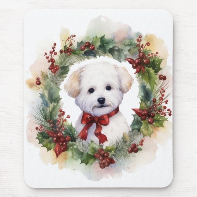 Alfombrilla De Ratón Navidades de Bichon Frise Wreath Festimes Pup (Frente)
