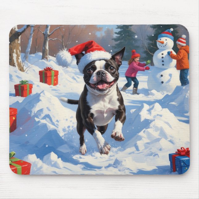 Alfombrilla De Ratón Navidades de Boston Terrier celebran escena de nie (Frente)
