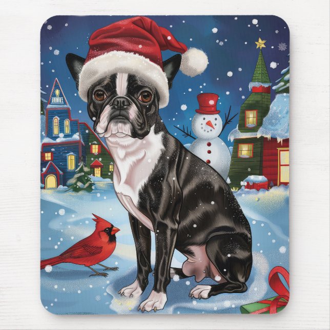 Alfombrilla De Ratón Navidades de Boston Terrier Dog Winter Wonderland (Frente)