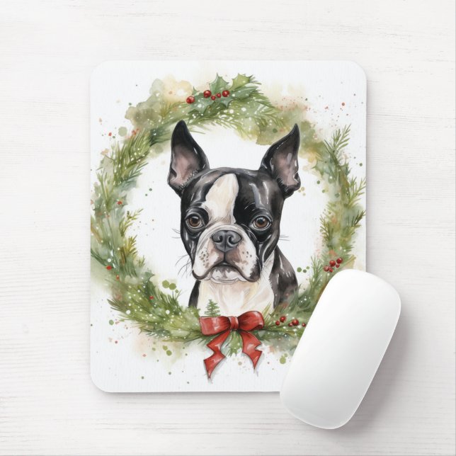 Alfombrilla De Ratón Navidades de Boston Terrier en la fiesta (Con ratón)