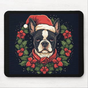 Alfombrilla De Ratón Navidades de Boston Terrier Santa Hat Holly