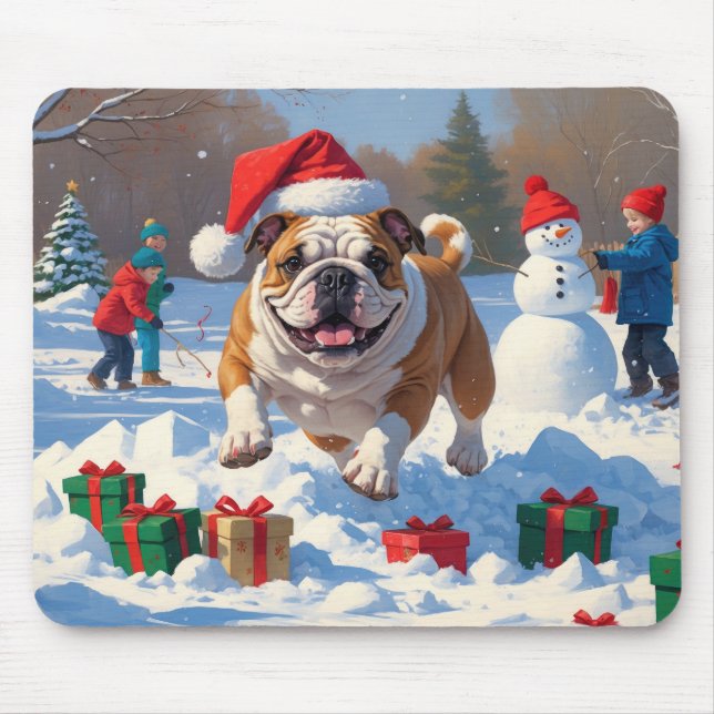 Alfombrilla De Ratón Navidades de bulldog celebran escena de nieve (Frente)
