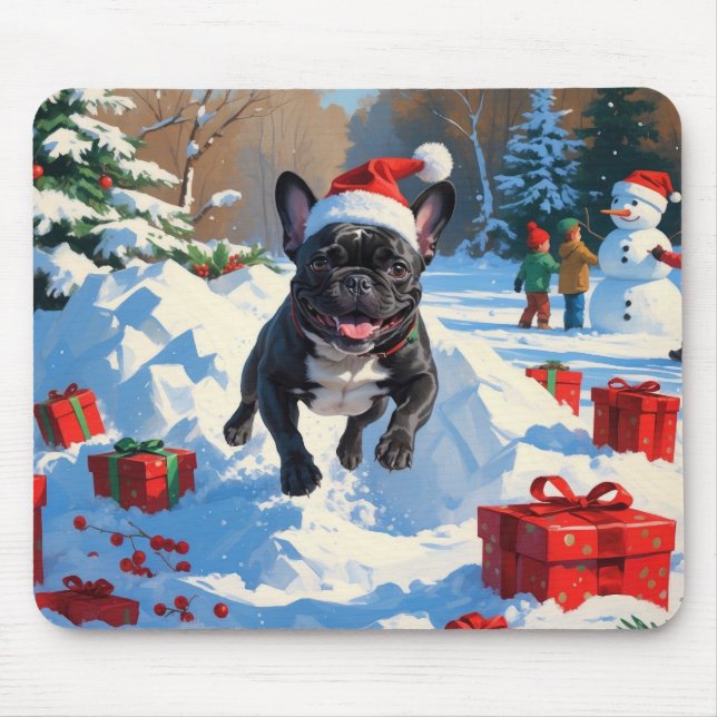 Alfombrilla De Ratón Navidades de Bulldog de Francia negra celebran esc (Frente)