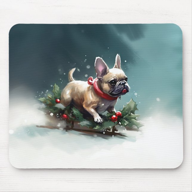 Alfombrilla De Ratón Navidades de Bulldog franceses nevan el invierno (Frente)