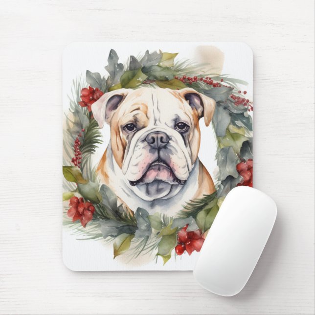 Alfombrilla De Ratón Navidades de bulldog Wreath Festive Pup (Con ratón)