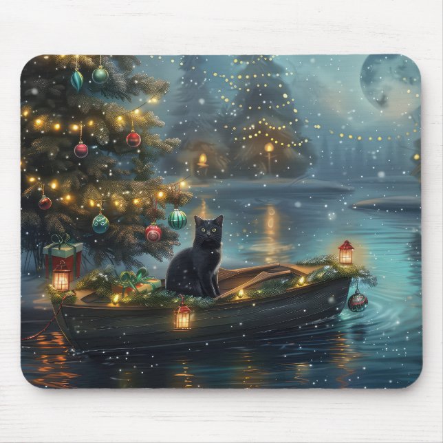 Alfombrilla De Ratón Navidades de gato negro disfrutan de la fiesta (Frente)