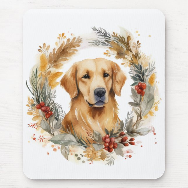 Alfombrilla De Ratón Navidades de Golden Retriever Wreath Festial Pup (Frente)
