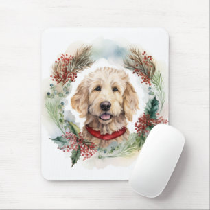 Alfombrilla De Ratón Navidades de Goldendoodle Wreath Festial Pup